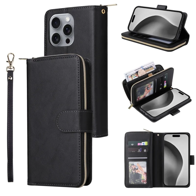 Premium Flip Leather Wallet Case with Zipper Purse and Multi-Card Slots