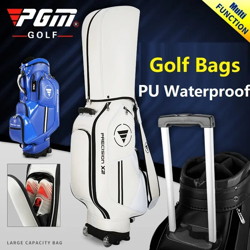 PGM Golf Ball Pouch Bag Professional Leather PU Waterproof Golf Cart Club Airbag High Capacity Package With Wheel QB029