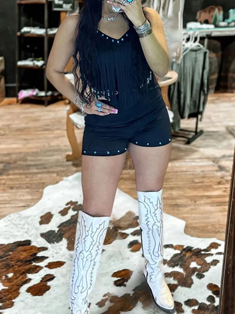 Studded Tassel Elastic Waist Romper