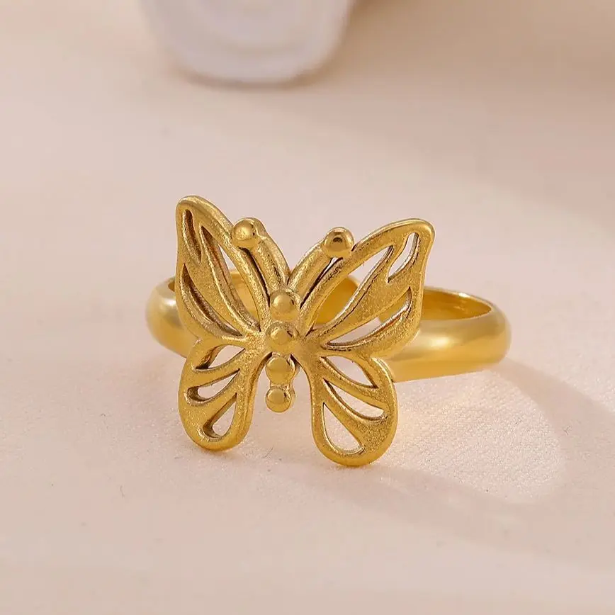 Butterfly Rings Women Gold Stainless Steel Hollow Adjustable Open Ring