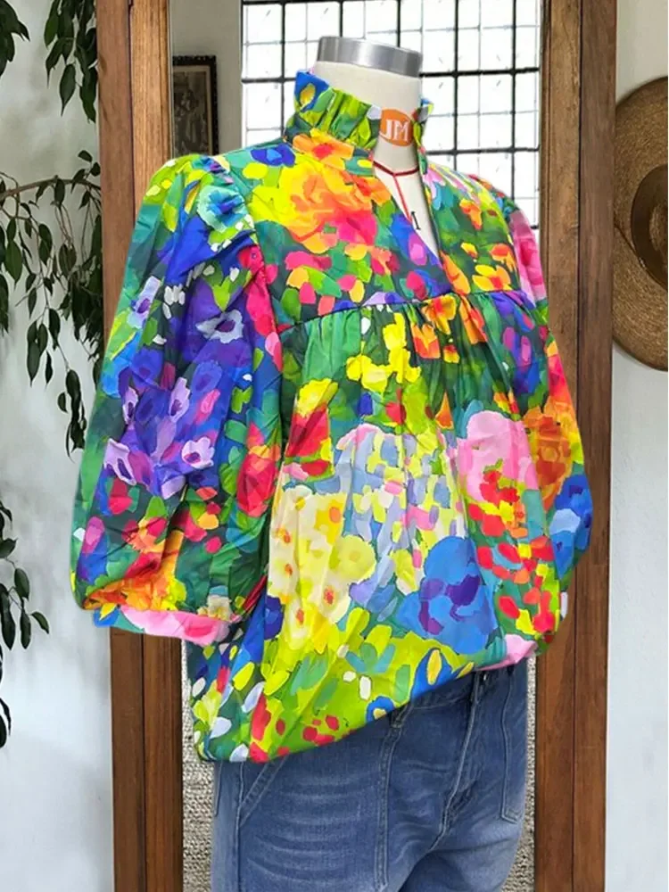 Floral Print Panel Blouse Pleated Ruffle Top Slash Neck Off Shoulder Flare Long Sleeve Crop Shirts Vintage Ladies T-Shirts