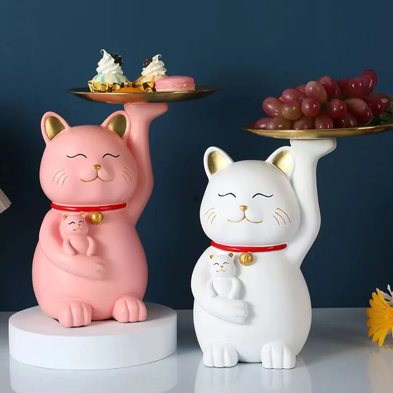 

Creative Lucky Cat Statue Storage Tray Nordic Home Decor Desk Storage Ornaments Figurine Living Room Table Decor Key Storage