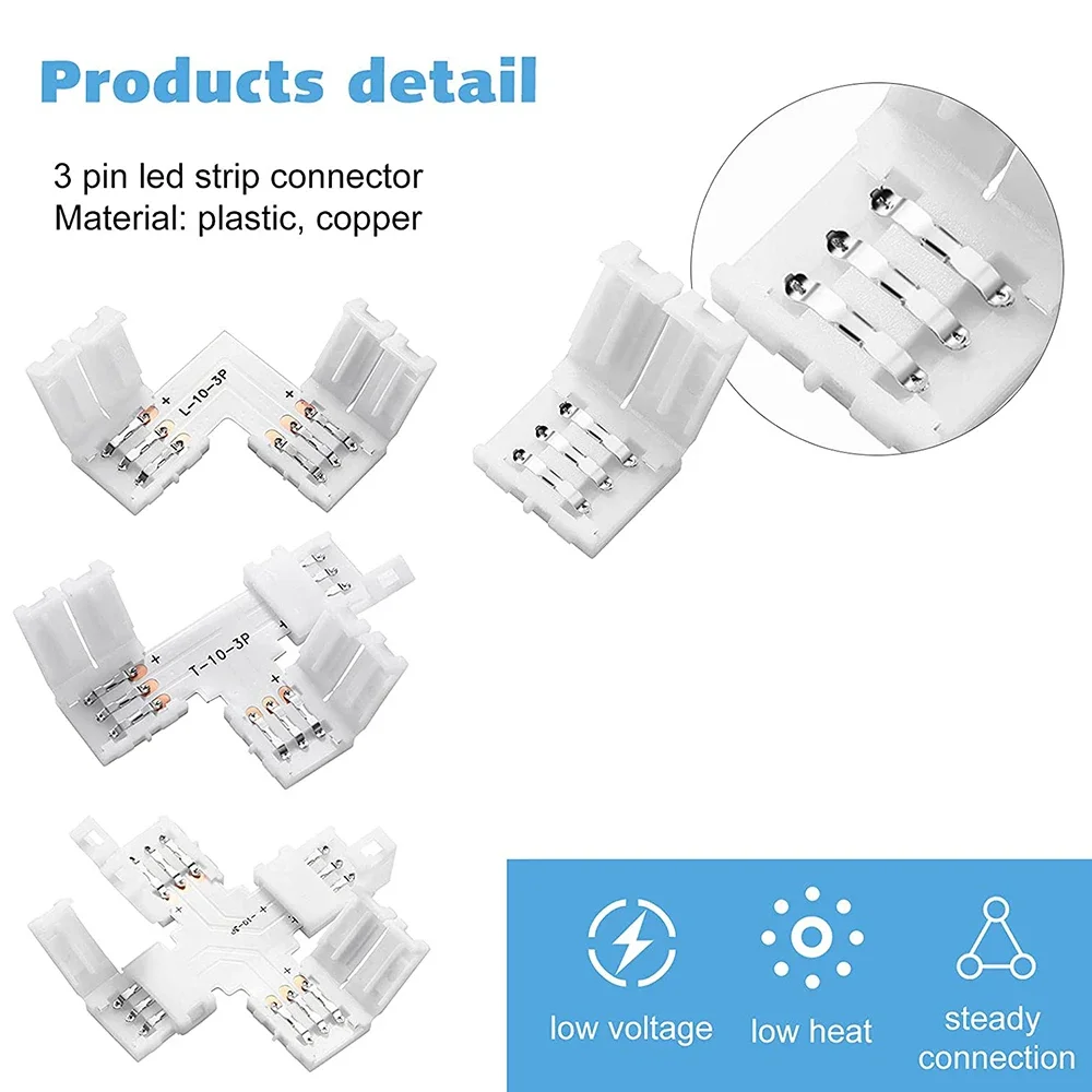 3PIN 10mm LED Connector Free Soldering L T X Shape for Connecting Corner Right Angle 10MM for CCT SMD 2812 LED Strip Light Tape