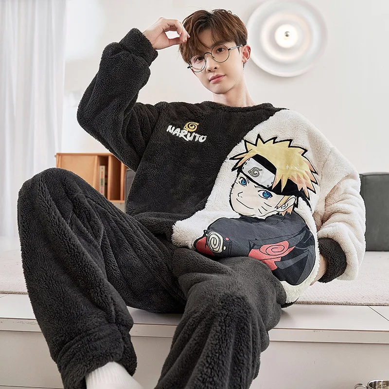 Men's Pajamas Winter Fleeces Thickening for warmth Cartoon Sleepwear Adult Cartoon Cat Kawaii Flannel Pullover