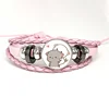Net Red Cute Couple Mitao Cat Pink Leather Bracelet Glass Cabochon Button Multilayer Bangles Wristband Gift 6