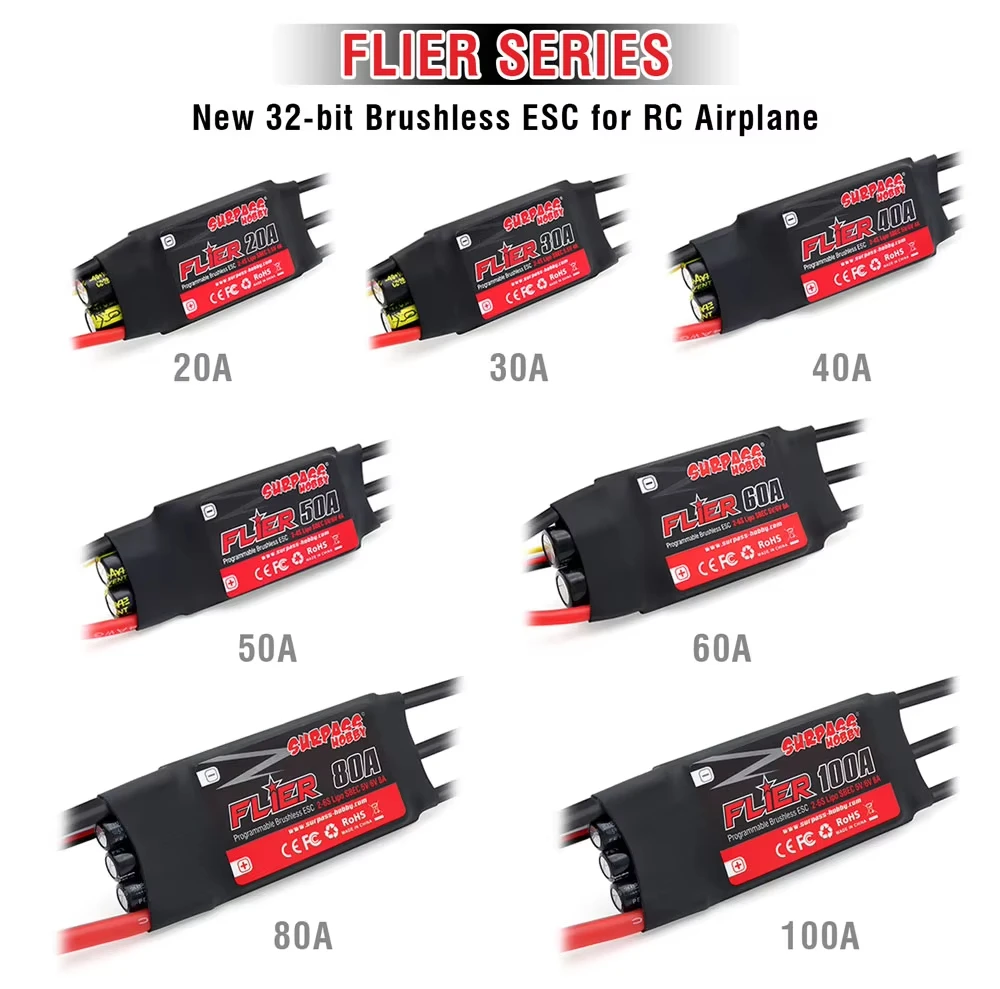 SURPASS HOBBY Flier Brushless ESC Speed Controller with BEC 2-6S For RC Airplanes Helicopter 20A 30A 40A 50A 60A 80A 100A