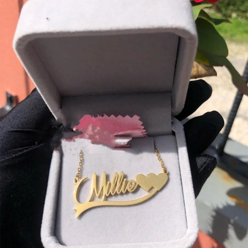 

Free Box Custom Heart Name Necklace Personalized Heart Star Cat Lucky Clover Butterfly Necklace Stainless Steel Jewelry