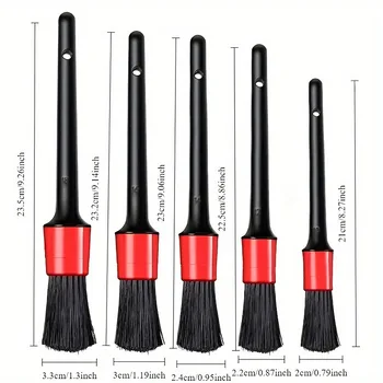 5PCS Nylon Car Detailing  Brush  Set Black  Red For Dashboard Vents Wheels Durable Plastic Handle No Power Needed Cleaning Tools 2