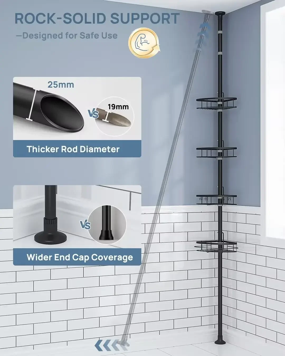 Corner Shower Caddy Tension Pole,Rustproof Bathroom Organizer Corner,Adjustable Shelf for Inside Shower
