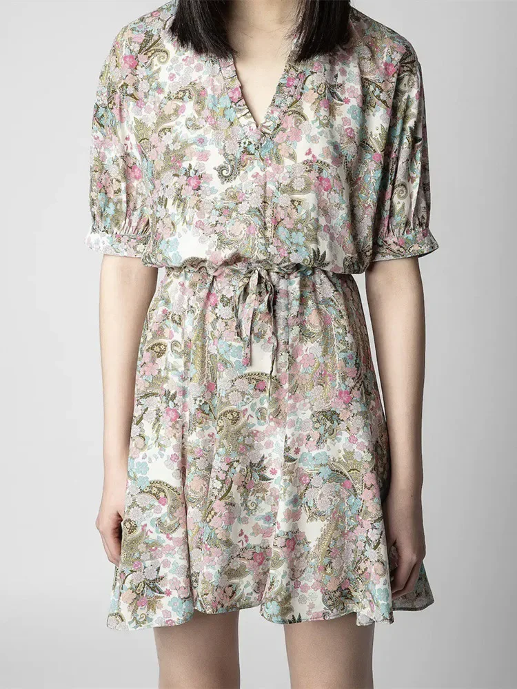 

Fashion Classic Trendy Luxury Designer Cloth Women Print Summer Short Sleeve Robe Elastic Waist Lace-up Retro V-neck Mini Dress