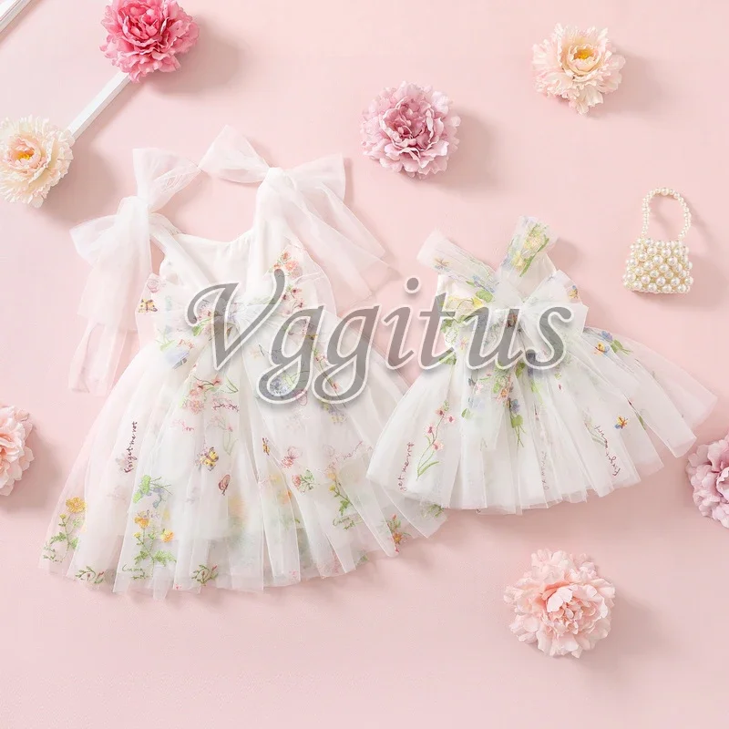 Family Matching Outfits for Summer Sweet Style Soild Color Embroidery Open Back Dress and Bodysuit for Twins Sisters E1237 - 2