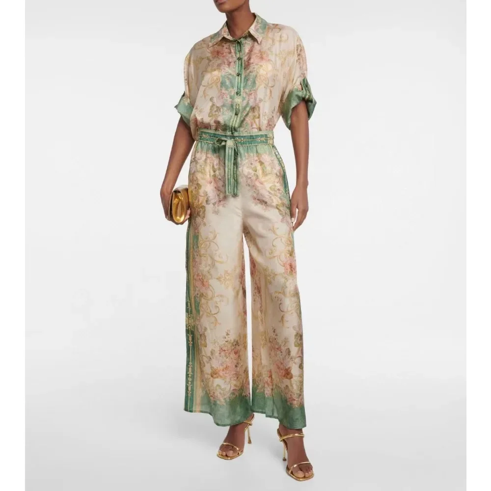 2024Australian niche spring/summer new trendy vacation style green retro printed shirt+pants set two-piece set
