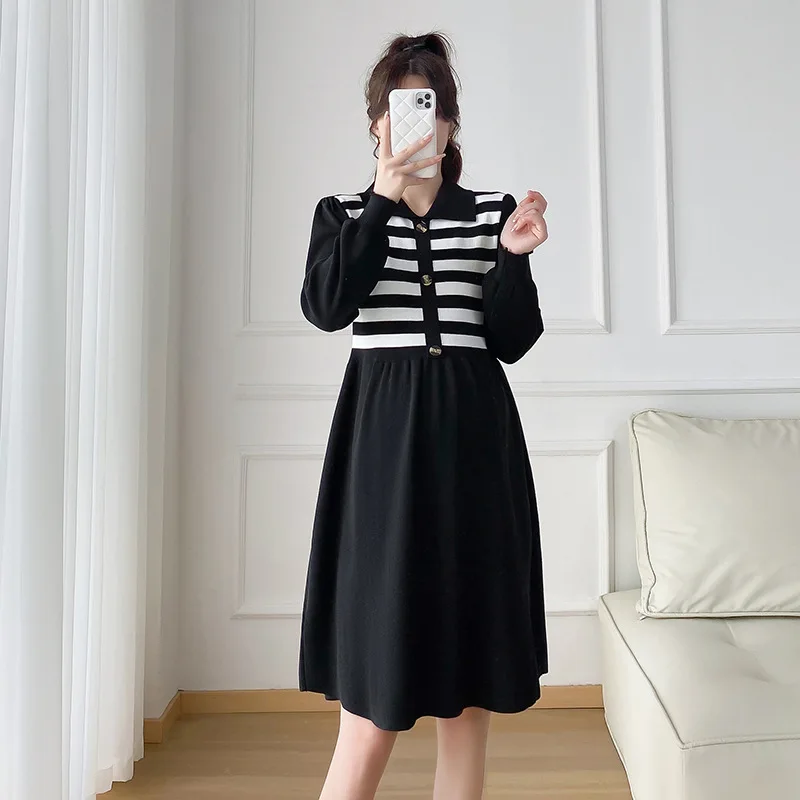 

Maternity Dresses Autumn Striped Splicing Pregnancy Clothes Korean Lapel Long Sleeve Pregnant Women Party Dress