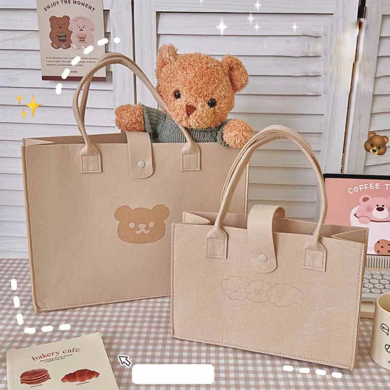 

Kawaii Felt Handbag Large Capacity Cute Felt Bag Foldable Women Handbag for Book Environmental Sundries Organizator with Handle