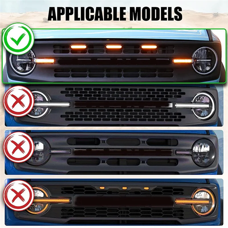 포드 브론코 부품용 3PCS 전면 LED 그릴 라이트 2021 2022 2023 2/4-도어 앰버 그릴 램프 키트