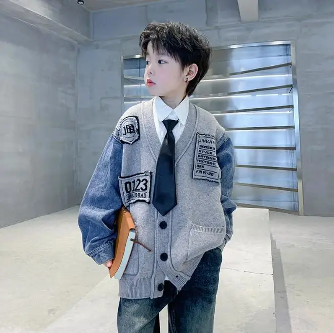 boys denim patchwork coat autumn spring cotton full sleeve high quality kids jacket 4-10t F140