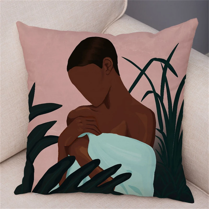 2022 Tropical Plant Soft Plush Black Africa Girl Pillow Case Linen Geometric Fashion Women Cushion Cover for Sofa Car Home Decor