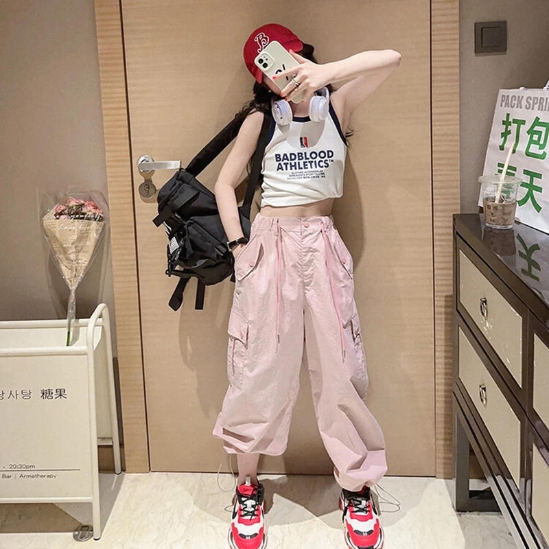 Teenage Girls Straight Cargo Pants with Four Pockets Summer Hot Deals Kids  Fashion Clothes High Waist Long Trousers 5-14 Years