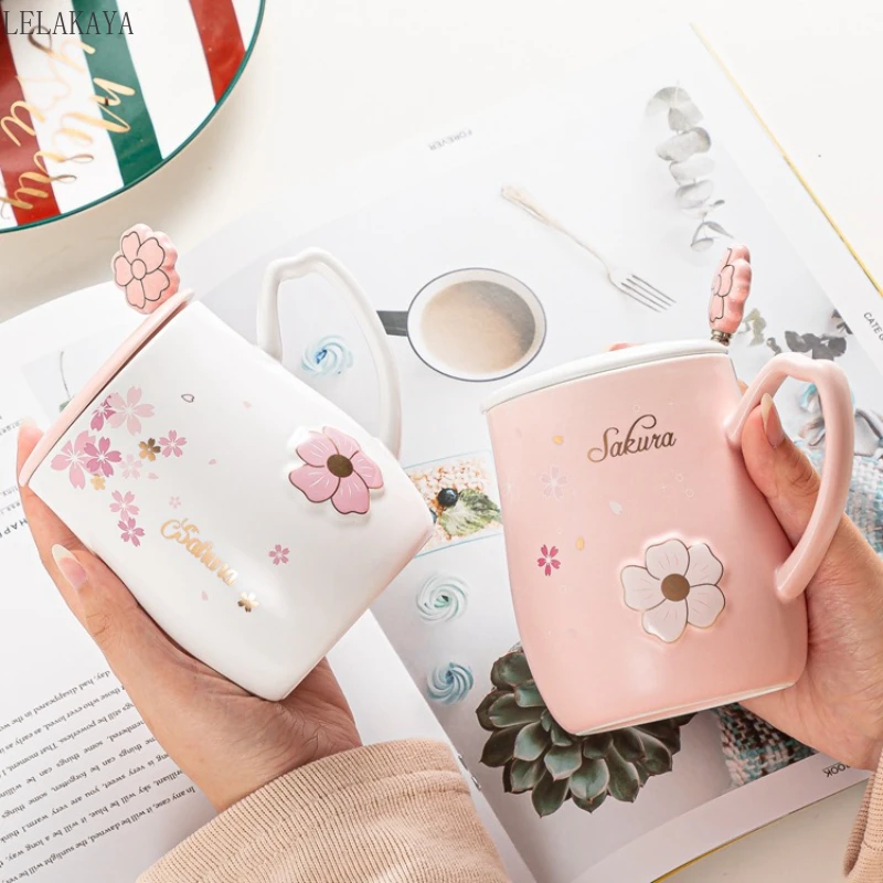 Japan Style Glass Mug Cute Pink Kawaii Cute Drinkware Milk Coffee Water Cup  Kitchen Office Delicate Spoon With Lid Cherry Blossom Mug 210804 From  Xue10, $12.38