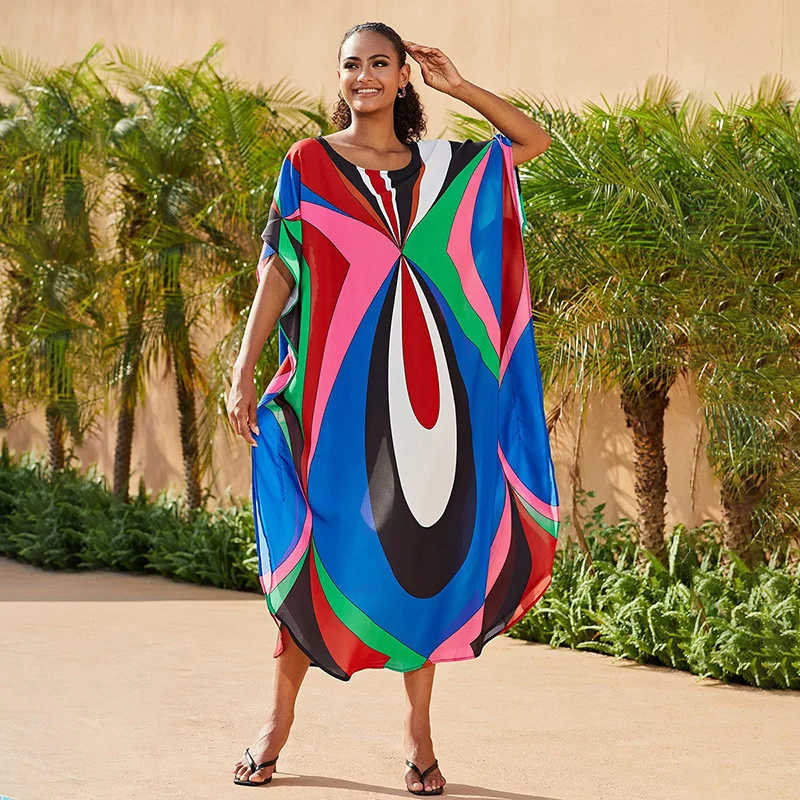 Beach Plus-Size Dress Bohemian Print Women's Swimsuit Blouse Bikini Summer  Cover-ups Holiday Swimwear Short Sleeve Robe Kimono