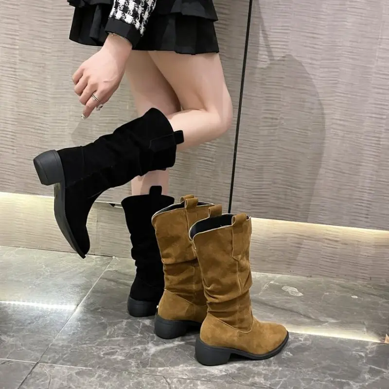 Natural Suede Embroidered Women Boots Leather Handmade Pointed Toe Spike Heel Autumn Winter Boots Cowboy New Western Retro Botas