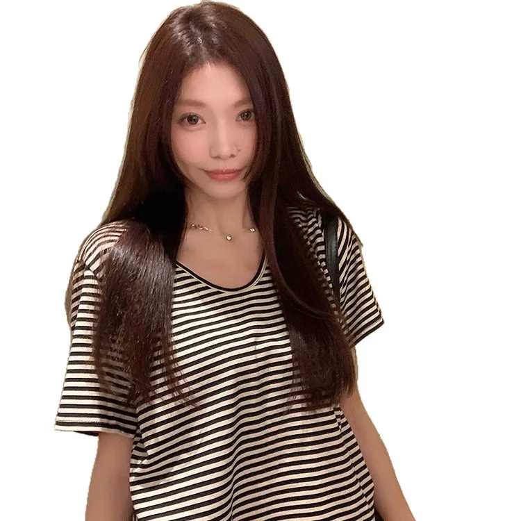Women V Neck Striped T Shirt