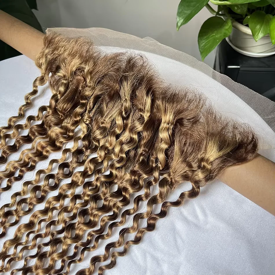 4/27 Highlight Curly Brazilian Hair Weaves Bundles with Frontal 13x4 Lace 3 Pcs Bundles with Closure Deep Wave Human Hair Bundle