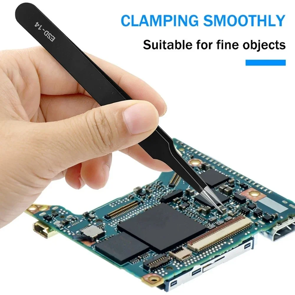 6-Pcs ESD Anti-Static Precision Tweezers Stainless Steel Tool For Electronic Repair Process Modeling Bending Curved Straight Tip