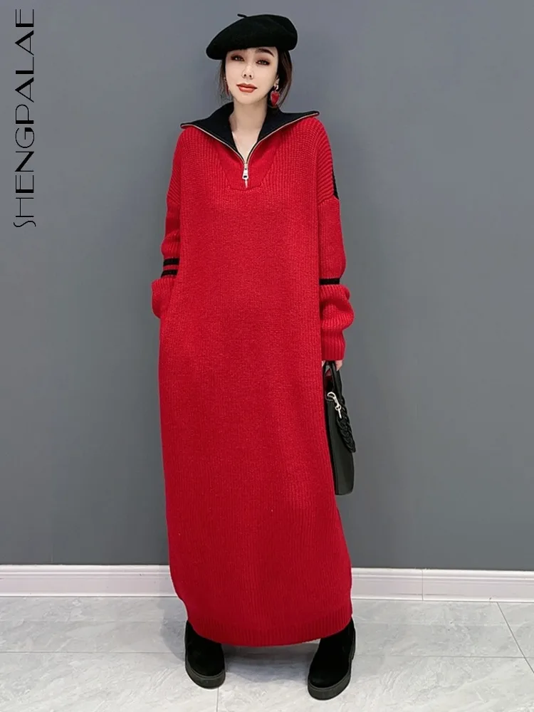 SHENGPALAE Korean Knitting Dress For Women Causal Large Collar Fashion