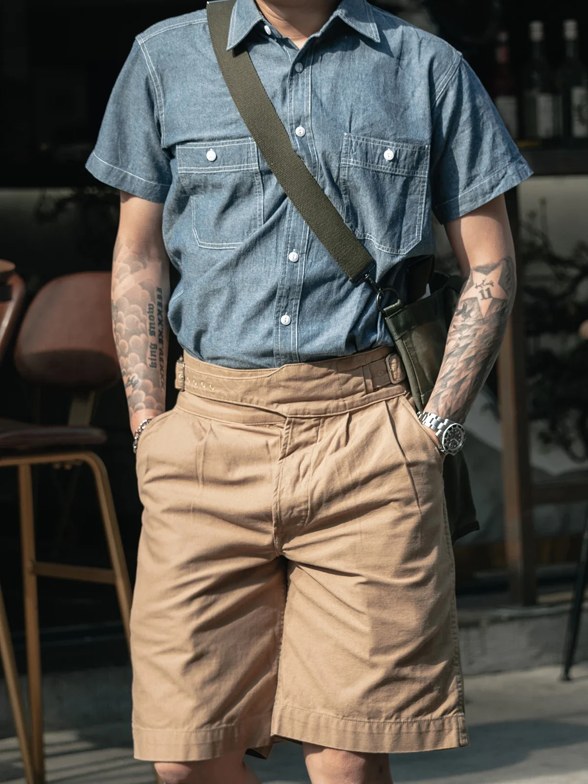 NON STOCK Summer Chambray Short Sleeve Shirt Light Blue Men's Casual Work Shirt 4