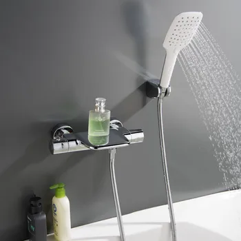 ชุดฝักบัวอาบน้ำชุดก๊อกน้ำแบบเทอร์โมสตัทติดตั้งผนังสีดำก๊อกน้ำห้องน้ำสีขาวแบบน้ำตกและฝักบัวก๊อกน้ำทองเหลืองผสม 2