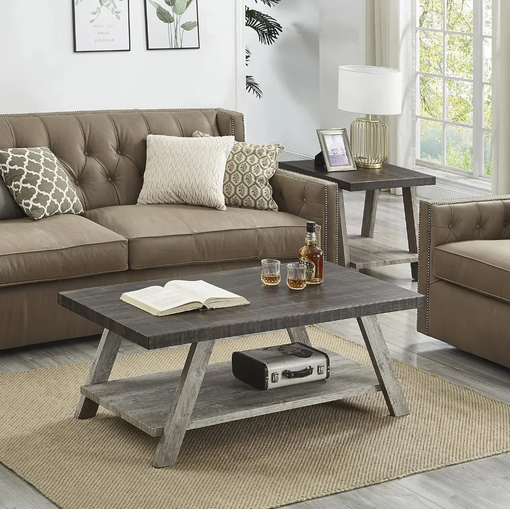 Roundhill Furniture Athens Contemporary 3-Piece Wood Shelf Coffee Table Set, 24D X 48W X 19H in, Walnut and Gray Furniture