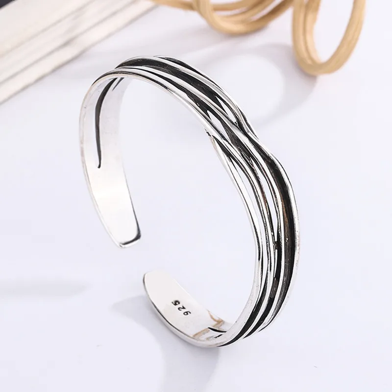 925 Sterling Silver Bracelet Bangle Punk Wide Irregular Geometric
