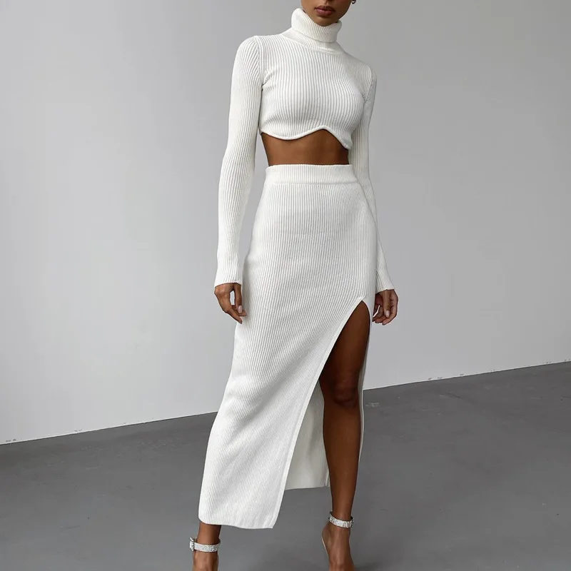 

Chic Autumn Outfits with Elegant 2-Piece Set for Women Ribbed Turtleneck Long Sleeve Top and High Waist Skirt with Slit