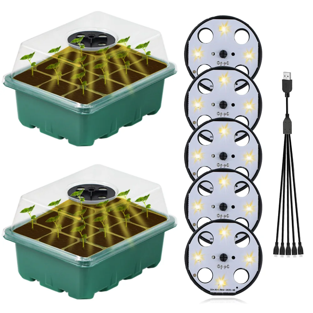 1 Kit 12 Cells Per Tray Seedling Tray Kit Grow Lights Red Blue Yellow Warm Light Dome Seed Starter Trays Germination Nursery