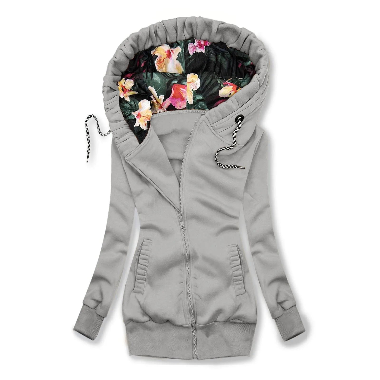 Womens Zipper Jacket Hoodies Light Autumn Winter Flower Printed Hooded Sweatshirts Female Blazer Solid Sports Bodycon Slim Blous