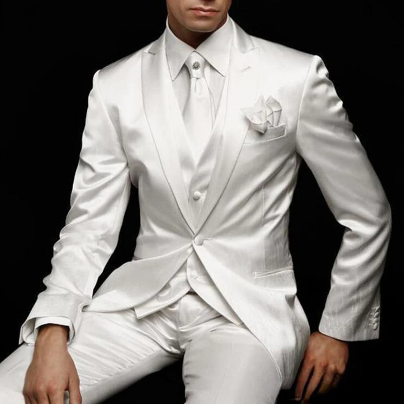 

3 Piece White Wedding Suits 2024 Groom Tuxedos Peaked Lapel Custom Made Handsome Business Party Male Suit ( Jacket+Pants+Vest)