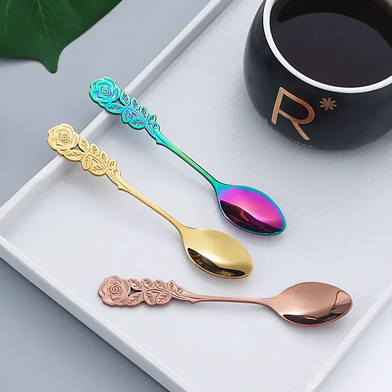 Tea Stirring Spoon Ice Cream Scoop Cute Rose Flowers Spoons Rainbow Coffee Tea Spoon Flatware Drinking Tools Stainless Steel stainless steel spoon,stainless steel spoon set