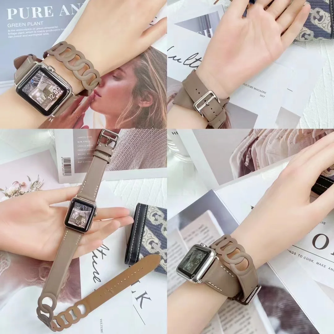 Leather Loop Strap for Apple Watch 8 7 45mm 41mm Double Circle Bracelet Wristband for iWatch 6 5 4 SE 44mm 42mm 40mm 38mm Correa