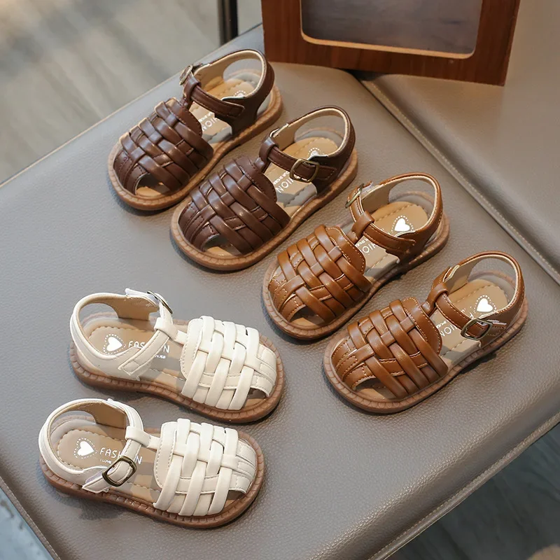 Children's Sandals Solid Color Kids Causal Braided Beach Sandals for Boys Girls Versatile Fashion Toddlers Cut-outs Flat Sandals 4