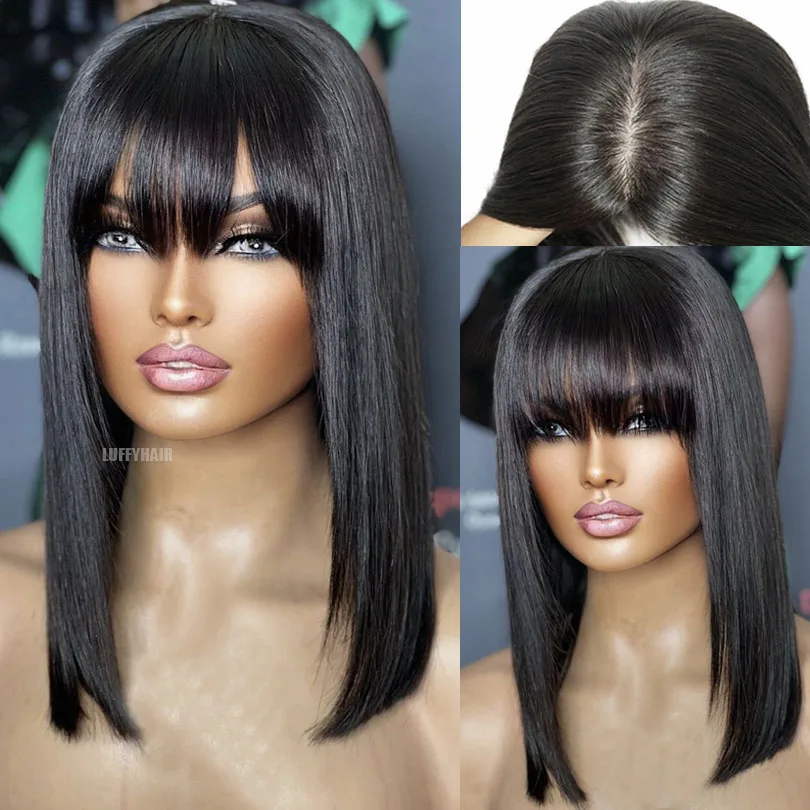 Short Bob Silk Top Full Lace Human Hair Wigs with Bangs Brazilian