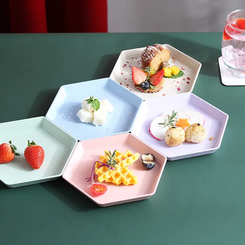 1PC Hexagon Dessert Plates Wheat Straw Thicken Snacks Trays Fruit Plate Dishes Multifunctional Tableware Party Kitchen Accessory 2