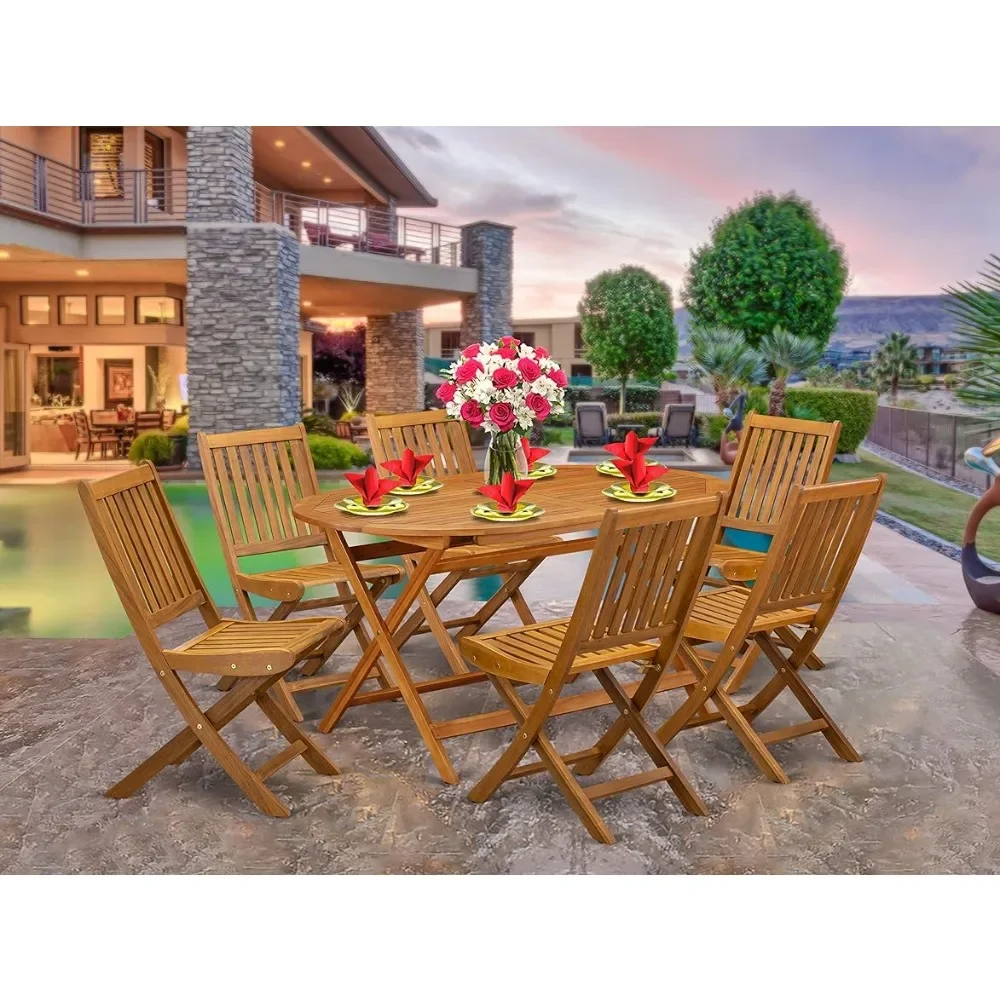 

7-Piece Set-6 Outdoor Folding Chairs Slatted Back and Patio Table and Round Top with Wood 4 Legs-Natural Oil Finish