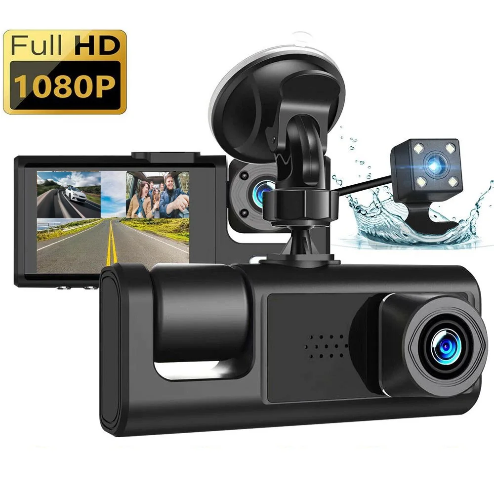 

3 Lens Dash Camera 2" IPS Screen Dash Cam 1080P Car Video Recorder Front Inside Rear Cam Blcak Box Loop Recording G-Sensor DVR
