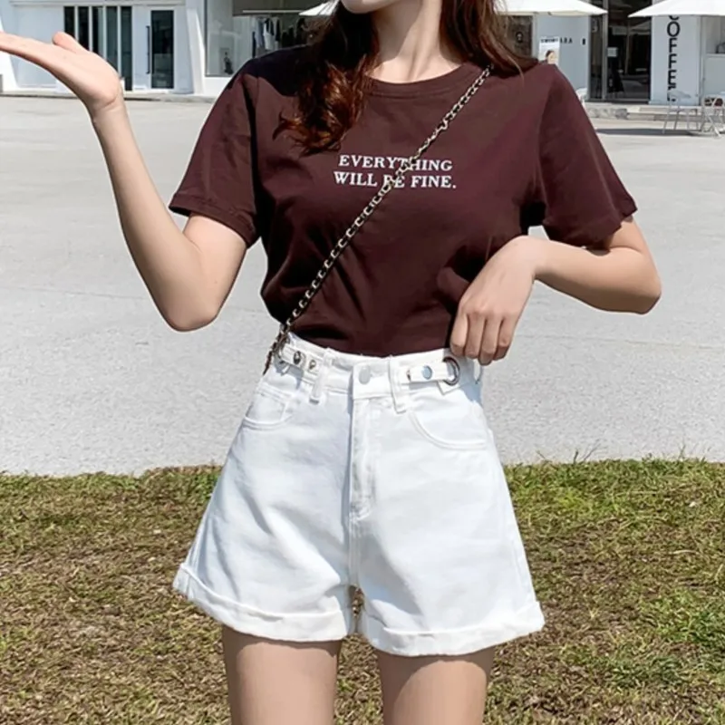 데님 여성용 하이웨이스트 와이드 레그 반바지, 조절 가능한 벨트와 밑단 달린 루즈한 여름 핫팬츠, 패션 브랜드