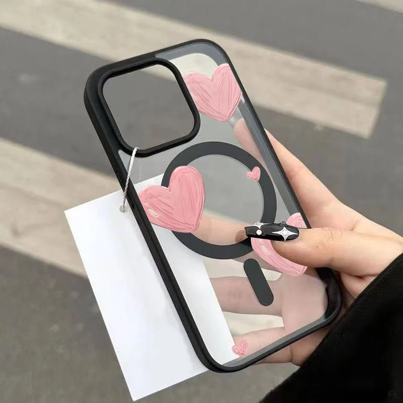 Hand-Painted Pink Heart Magnetic Phone Case with Bumper Cover