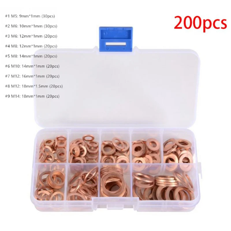 

200Pcs Copper Washer Gasket Nut and Bolt Set Flat Ring Seal Assortment Kit with Box /M5/M6/M8/M10/M12/M14 for Sump Plugs