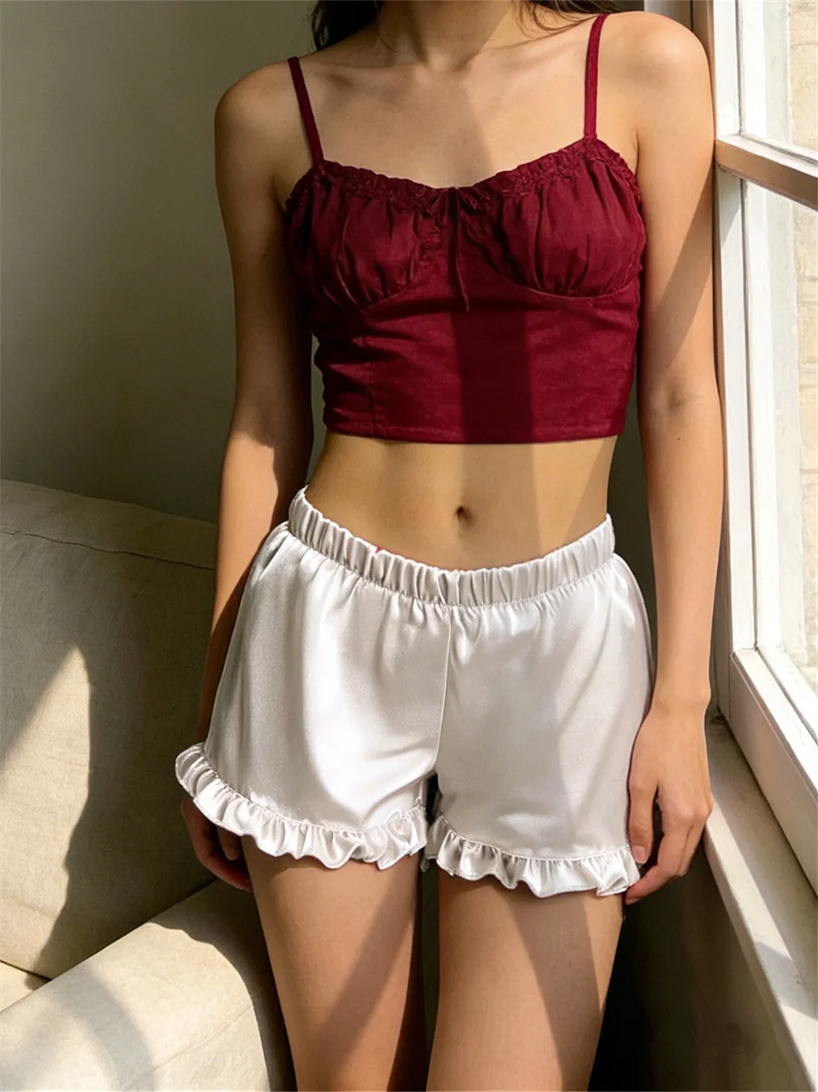 Satijnen lounge shorts voor dames losse pyjamabroek zomer_voghion.com