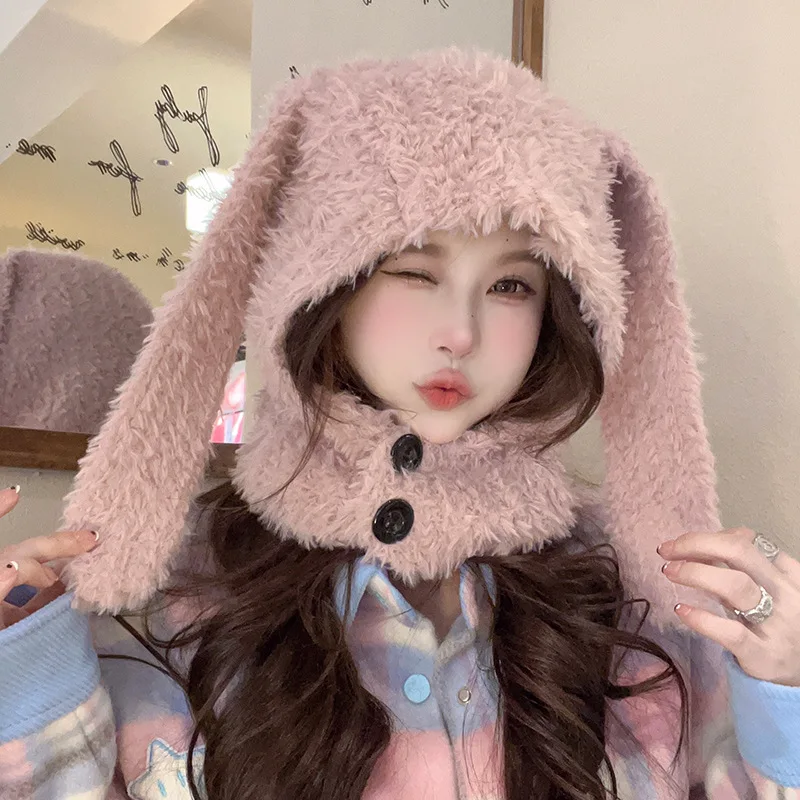 

Korean Version Rabbit Ears Balaclava Hat Women's Winter Warm Ear Protection Pullover Cap Knitted Plush Personality Beanie Hats