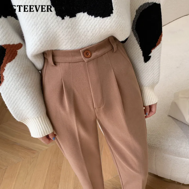 

BGTEEVER Autumn Winter Woolen Pants for Women Elegant Single Button Thick Warm Female Harem Pants